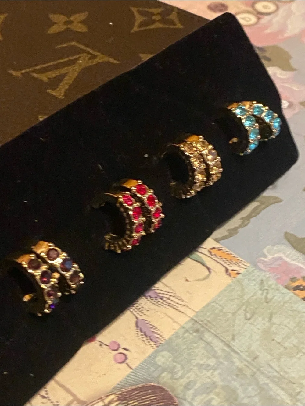 JTV Gold Tone Multi-Color Crystal Huggie Hoop Earring Lot Set of 5 Pairs